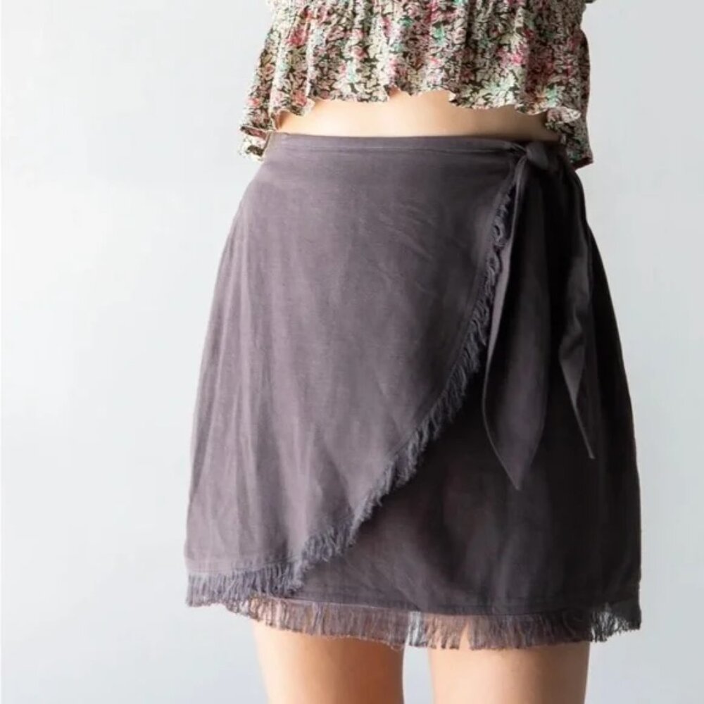 NATURAL LIFE Charcoal Wrap Mini Skirt with Fringe